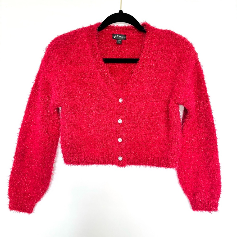 Christmas Cardigan Red Girls L(10/12) Art Class Button Up Crop Sweater Top